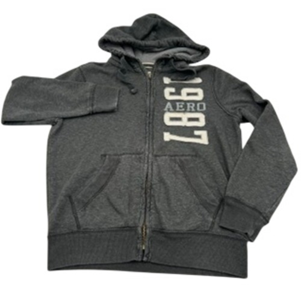 Aeropostale Mens Full Zip Hoodie Gray 1987 Aero Graphic Sweatshirt Medium